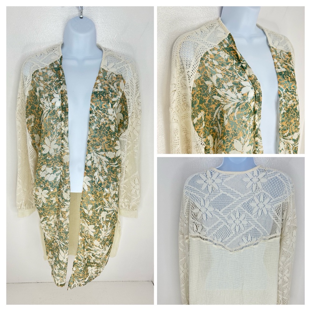 Miss Me Floral Long Open Cardigan Sweater‎ Size Small Crochet Duster Boho Hippie